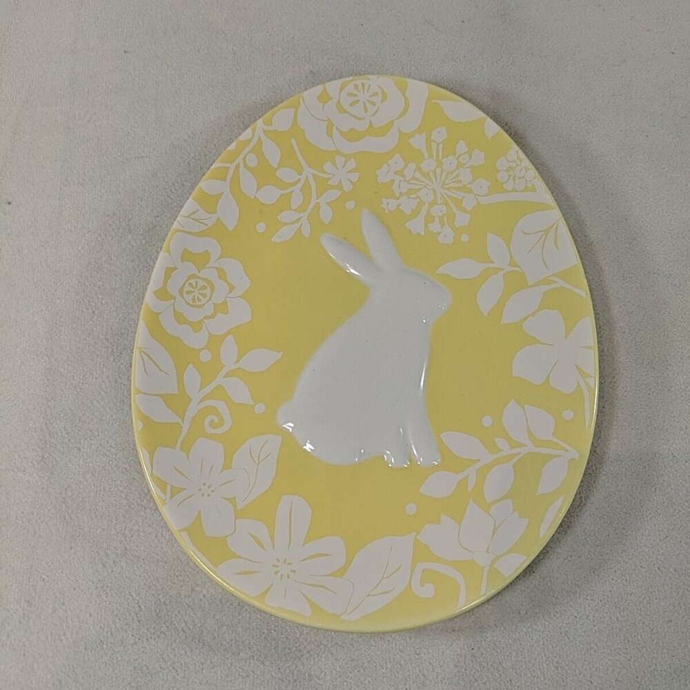 Magenta Bunny Rabbit Egg Shaped Plate Damask Yellow White Floral Ceramic 8x6"